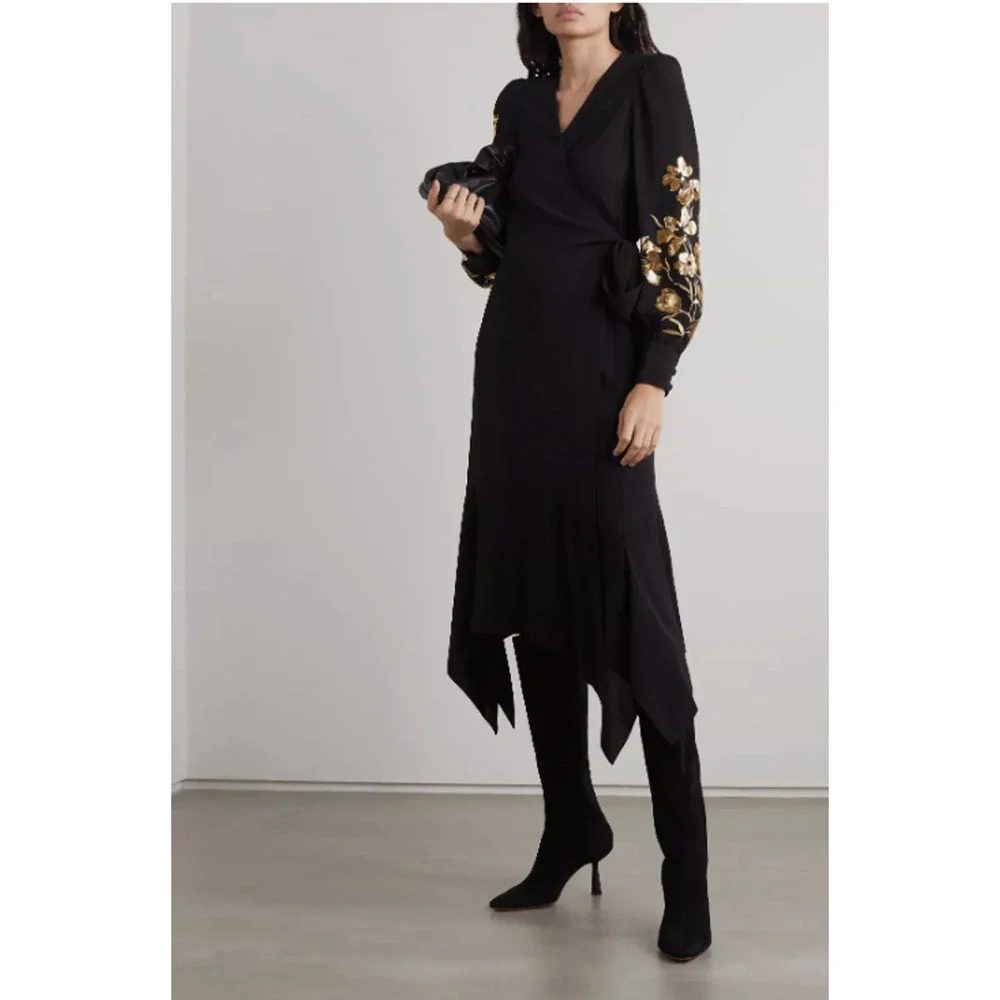 Defect Tory Burch EMBROIDERED WRAP Midi DRESS Sz 2 Golden Sequins Black #2A458